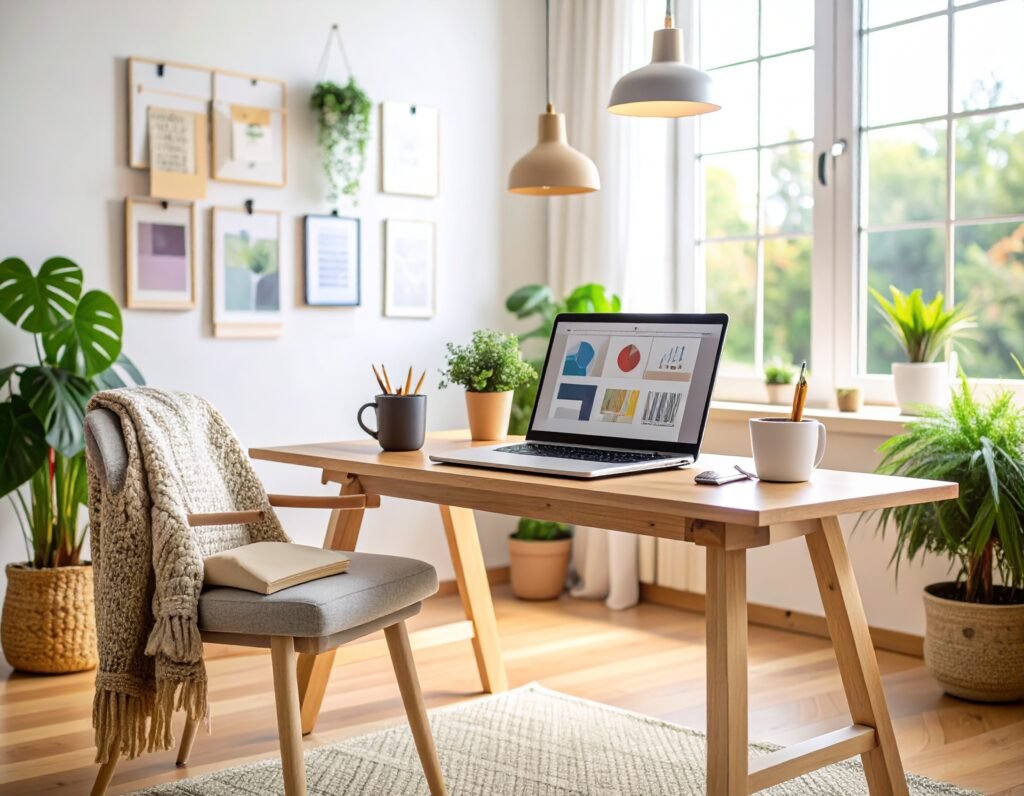firefly cozy and serene creative workspace — a wooden desk with a graphic tablet, open lapto 326294