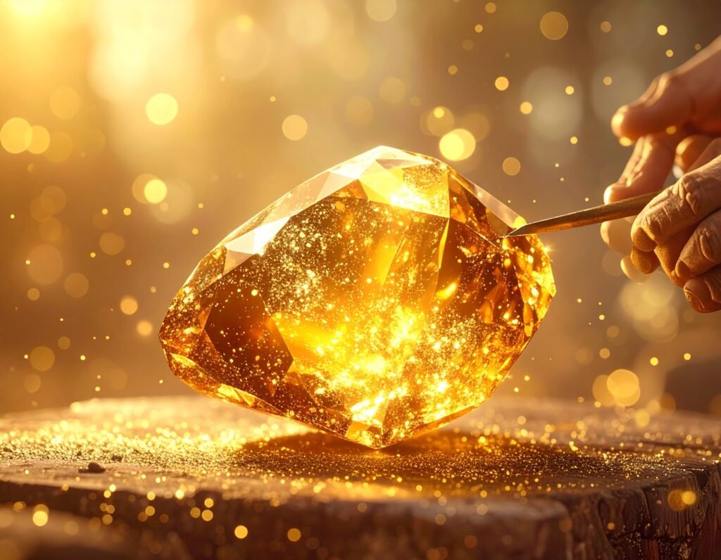 firefly an inspiring wide shot illustration of a large gemstone (amber) being carved and s. t 407161